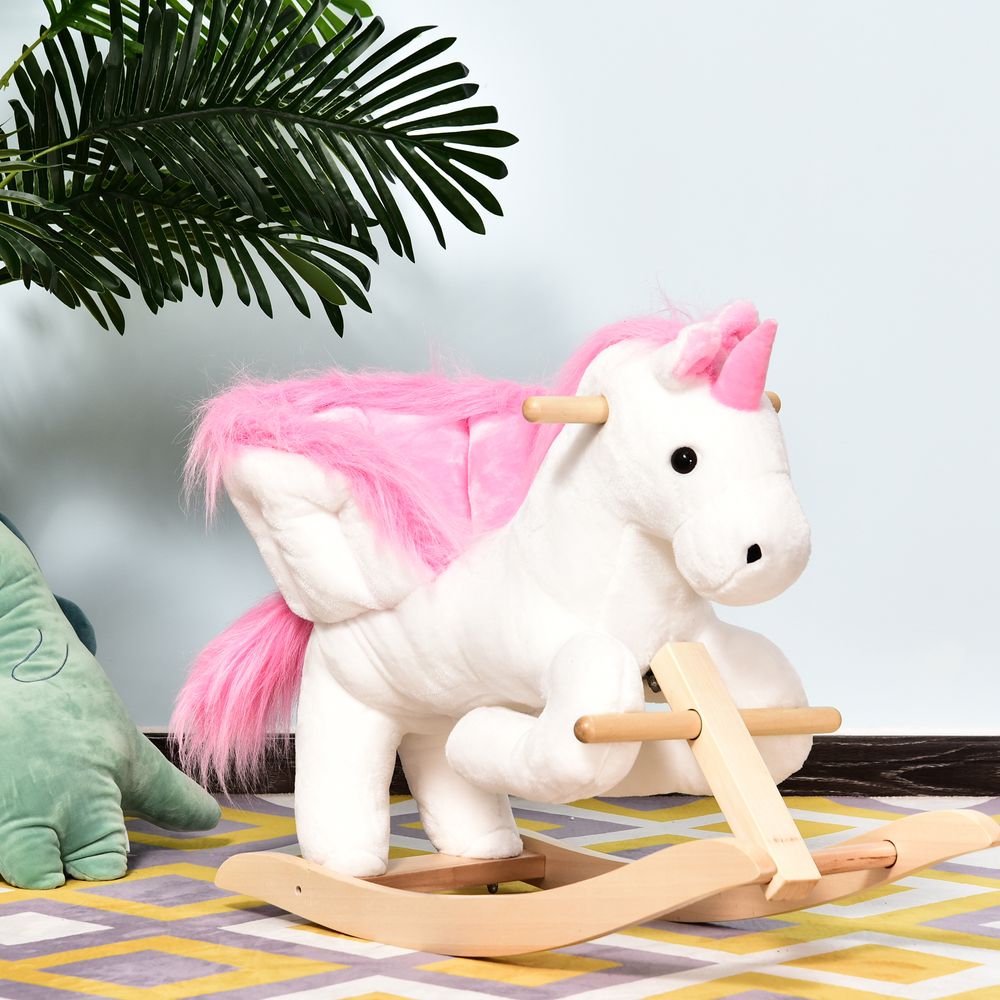 Kids Wooden Ride On Unicorn Rocking Horse Plush Toy Soft Seat Pink HOMCOM - anydaydirect