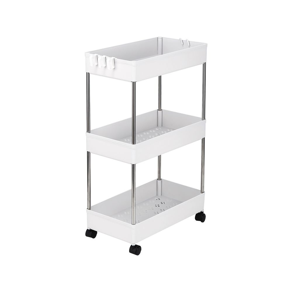 3-Layer Mobile Multi-functional Storage Cart,Suitable for Kitchen, Bathroom, Laundry Room Narrow Place, Plastic and Stainless Steel, White - anydaydirect