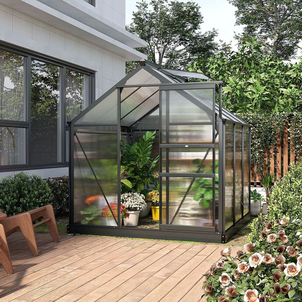 Polycarbonate Walk-In Garden Greenhouse Aluminium Frame w/ Slide Door 6 x 6ft - anydaydirect