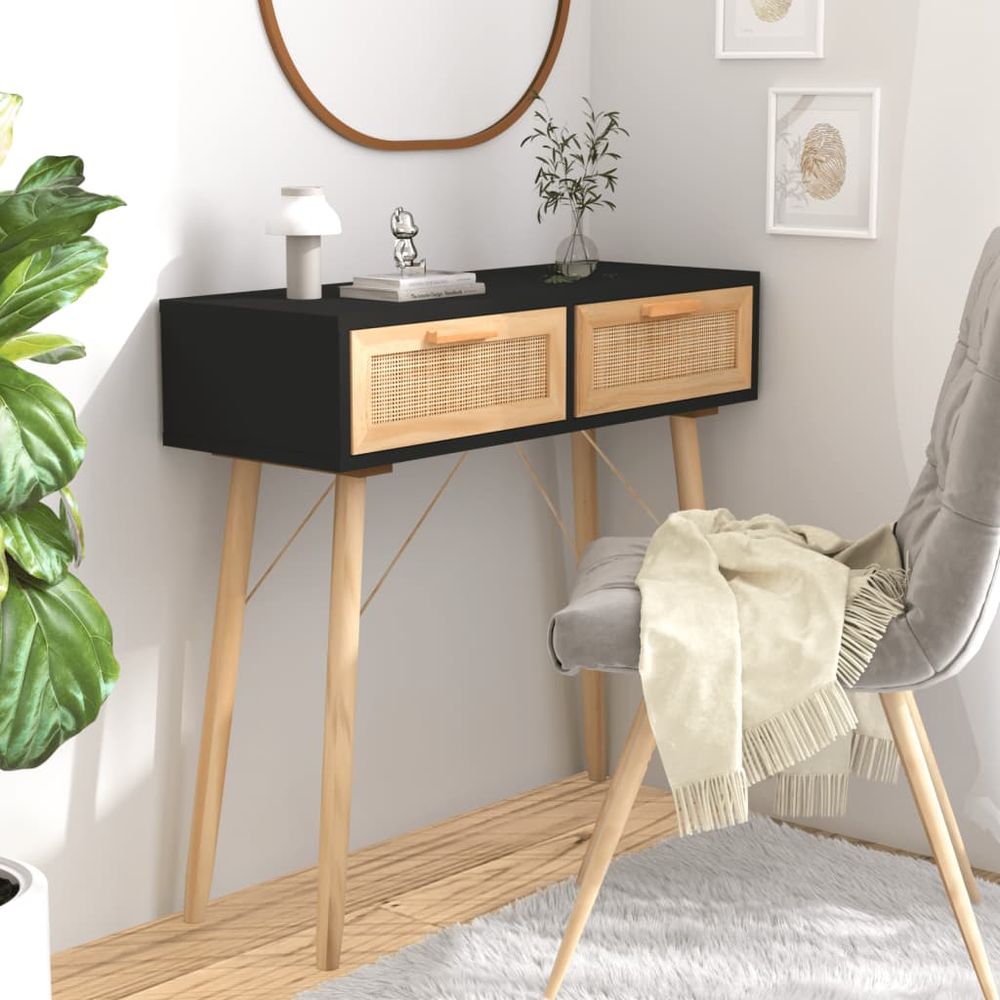 Console Table White 80x30x75 cm Solid Wood Pine&Natural Rattan - anydaydirect