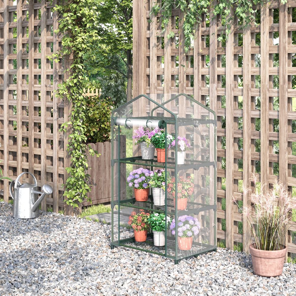 3 Tier Mini Greenhouse Roll Up Door Wire Shelves, 69x49x125cm, Clear - anydaydirect