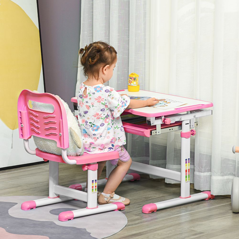 Kids Desk and Chair Set, Height Adjustable Desk with Drawer, Pen Slot, Hook - anydaydirect