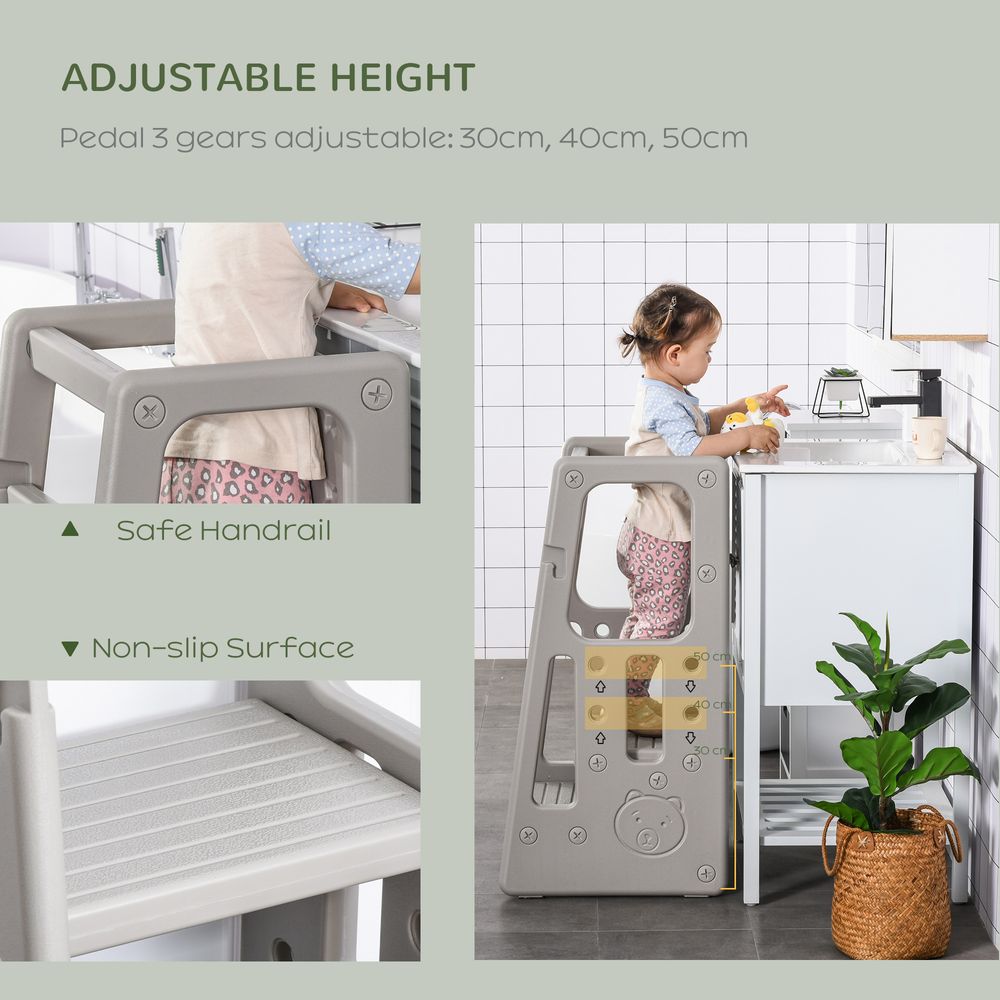 HOMCOM Kids Step Stool Adjustable Standing Platform Toddler Kitchen Stool  Grey