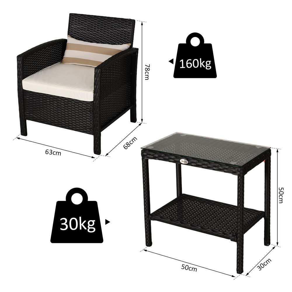 2-Seater PE Rattan Side Table & Armchair Bistro Set w/ Pillows Black - anydaydirect