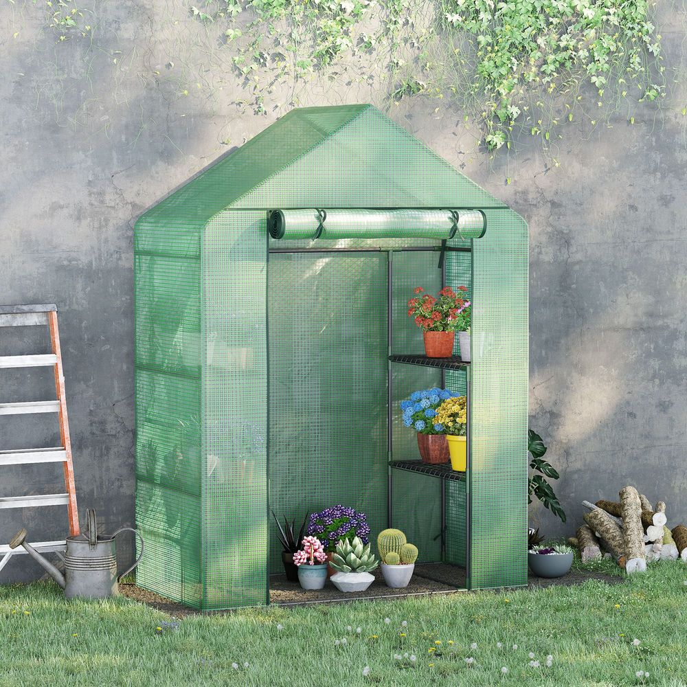 WalkIn Greenhouse 2 Tier Shelf, Roll-Up Door, PE Cover, 141x72x191cm, Green - anydaydirect