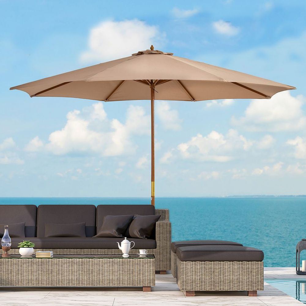 Outsunny 3(m) Wooden Garden Parasol Sun Shade Outdoor Umbrella Canopy Khaki - anydaydirect