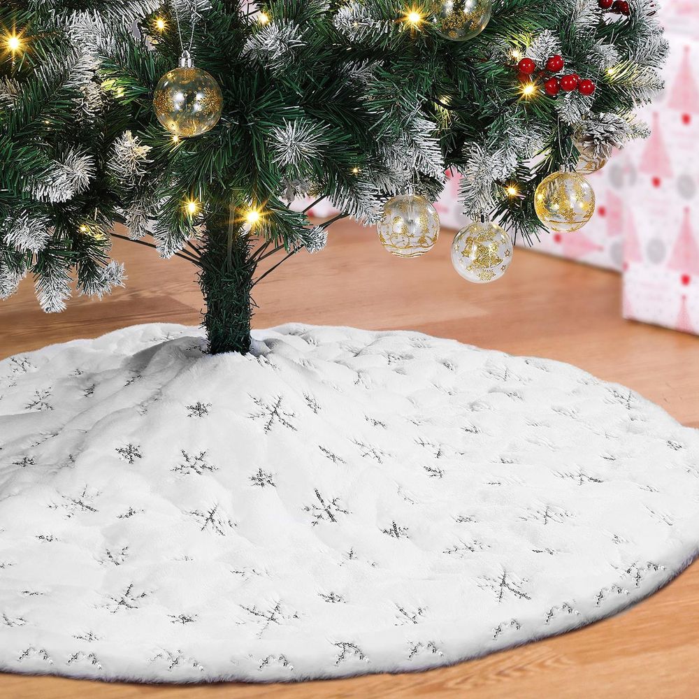 110CM Snowflake Plush Tree Skirt Silver/White AS-24092 - anydaydirect