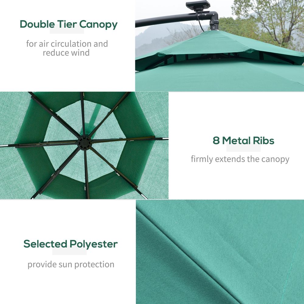 3m Cantilever Banana Parasol Double Roof, LED Solar Crank Green - anydaydirect