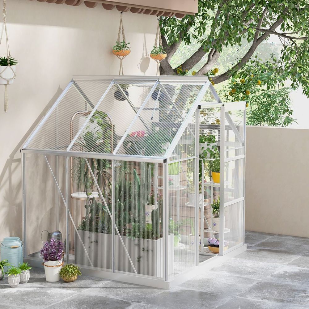 Outsunny 6 x 6ft Walk-In Polycarbonate Greenhouse with Foundation Window Silver - anydaydirect