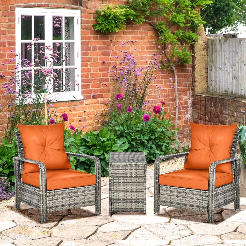 3 PCs PE Rattan Garden Sofa Set w/ 2 Chairs & Storage Table Orange - anydaydirect