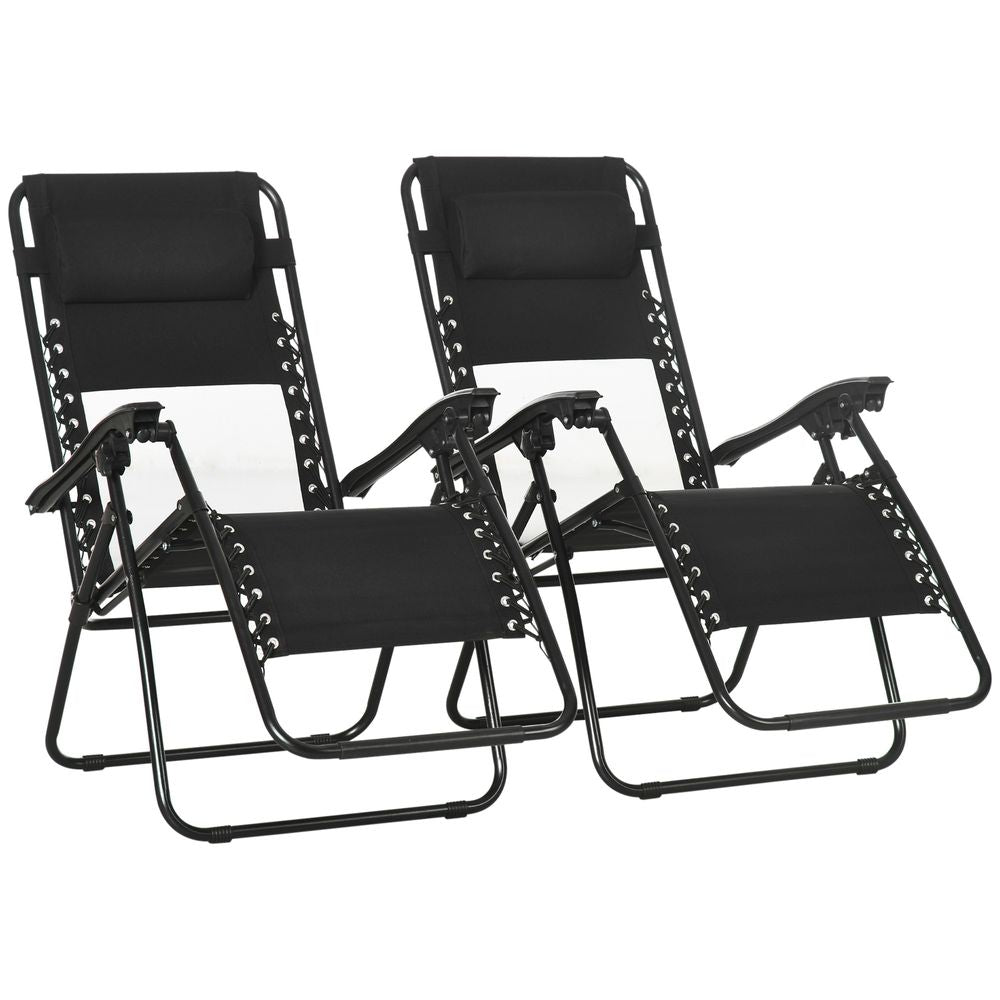 Foldable Garden Recliner Chair Set of 2 w/ Footstool & Headrest, Black - anydaydirect