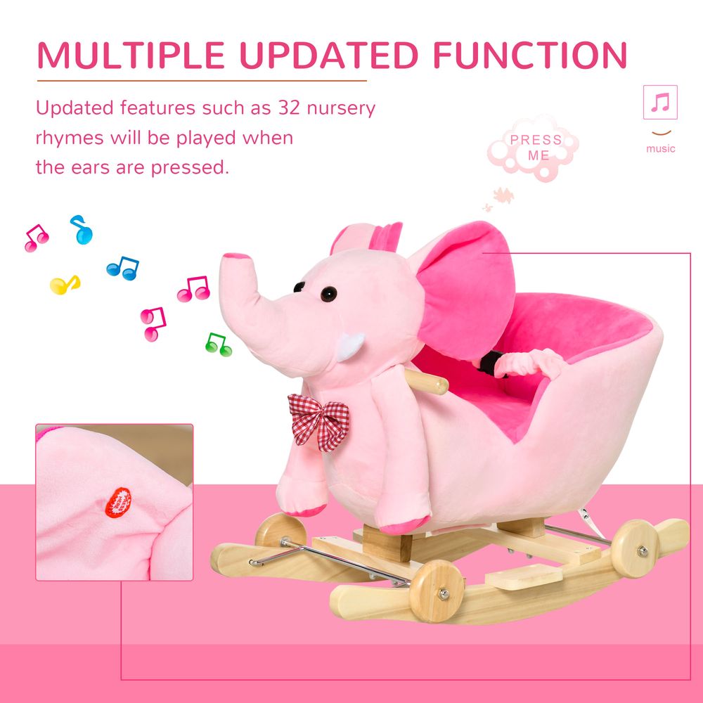2-in-1 Baby Rocking Horse Ride On Elephant W/ Wheels Music, Pink - anydaydirect