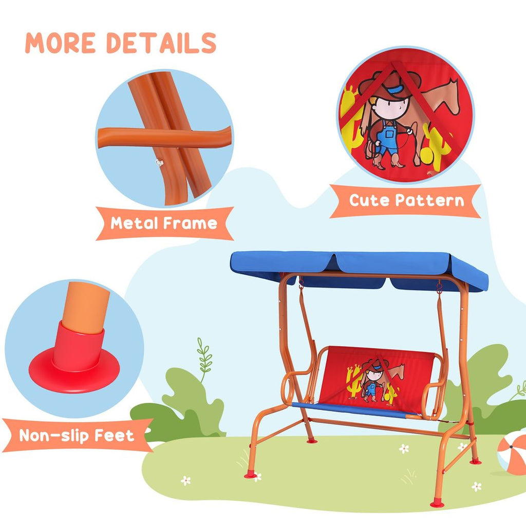 Outsunny 2 Seater Kids Swing Chair, Cowboy Themed with Adjustable Canopy - anydaydirect