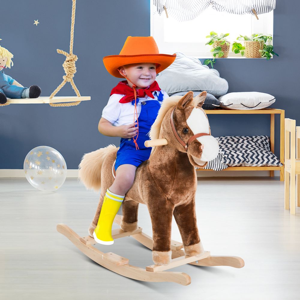 Kids Rocking Horse Wooden Plush Children Ride On Toy Rocker Baby Gift HOMCOM - anydaydirect