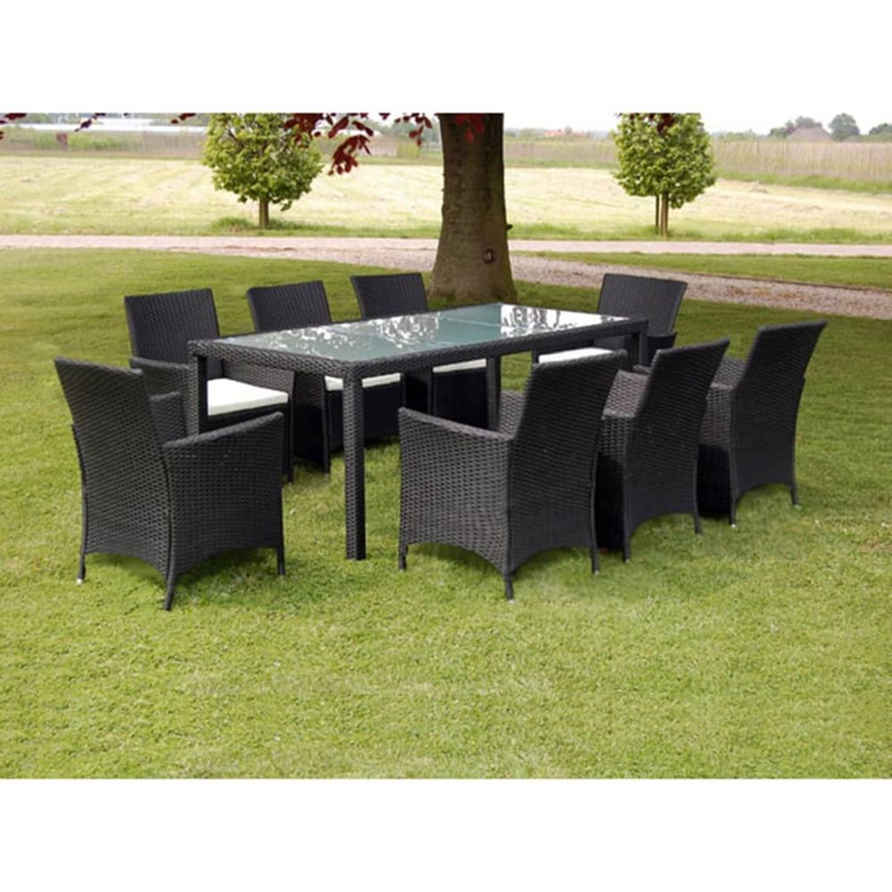 9 Piece Outdoor Dining Set with Cushions Poly Rattan Black - anydaydirect