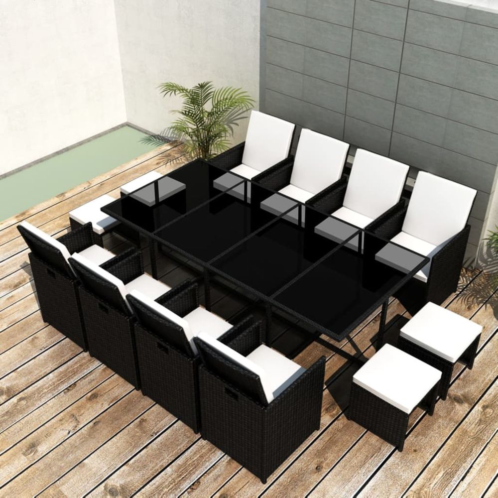 13 Piece Outdoor Dining Set with Cushions Poly Rattan Black - anydaydirect