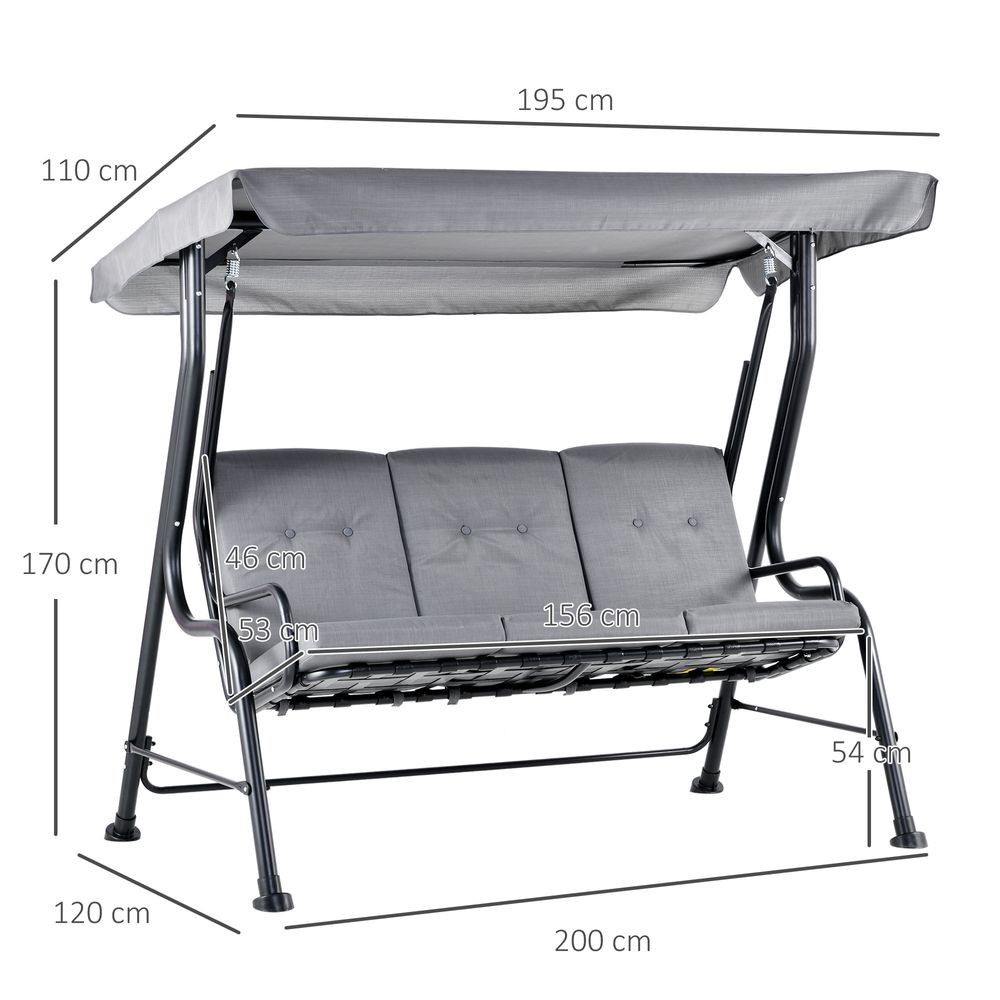 3 Seater Swing Chairs Thick Padded Seat With Canopy Bench Bed - Grey - anydaydirect