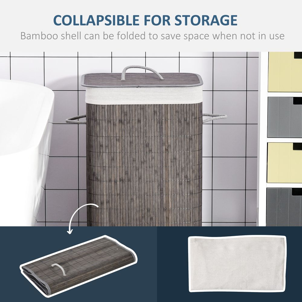 Bamboo Laundry Basket with Flip Lid Foldable, Grey Handles Lining, - anydaydirect