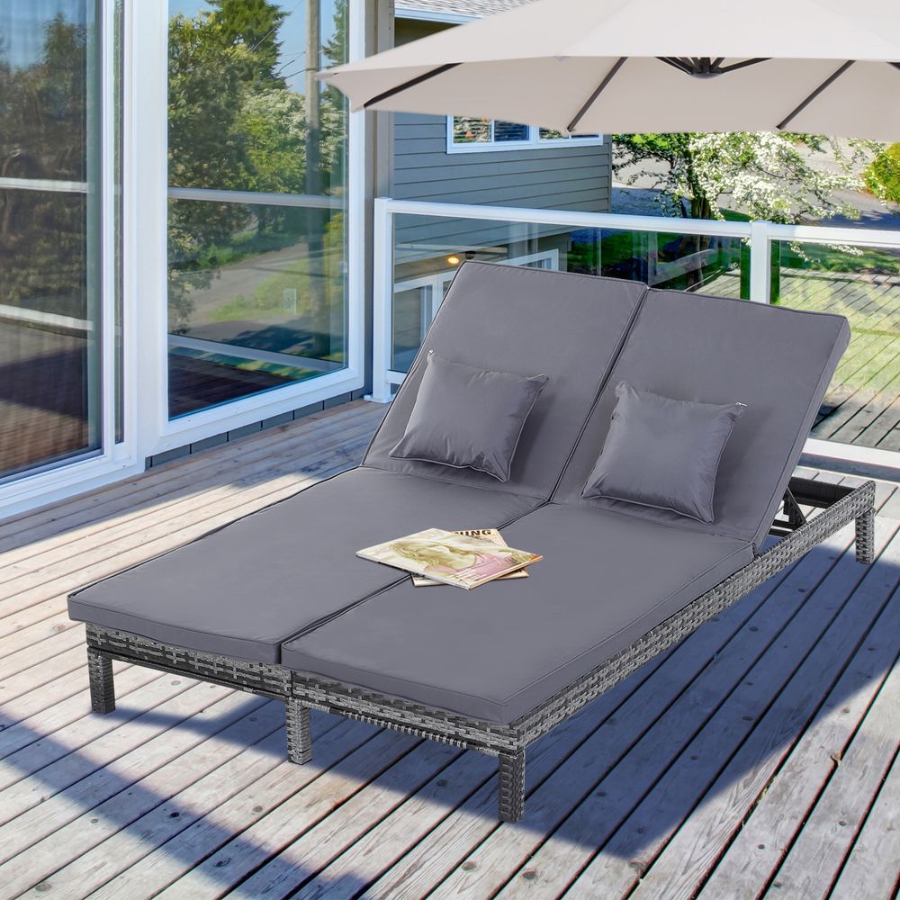 2 Seater Rattan Lounger Wicker Adjustable Double  w/ Cushions Grey - anydaydirect