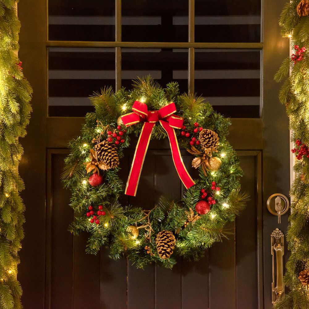 60cm Pre-Lit Artificial Christmas Door Wreath Holly LED Decor Pine Cones Hangin - anydaydirect