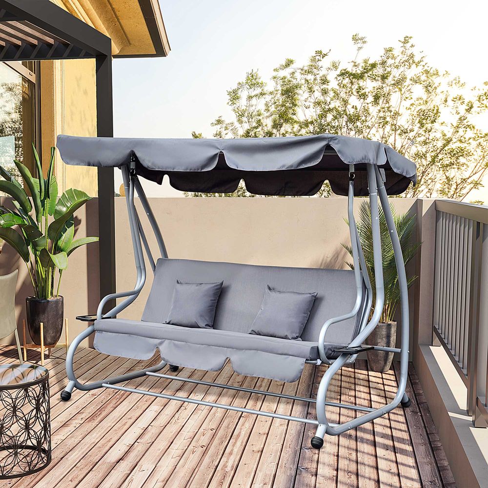 Outsunny 3-Seater Garden Swing Chair Luxury W/2 Free Pillows-Grey - anydaydirect