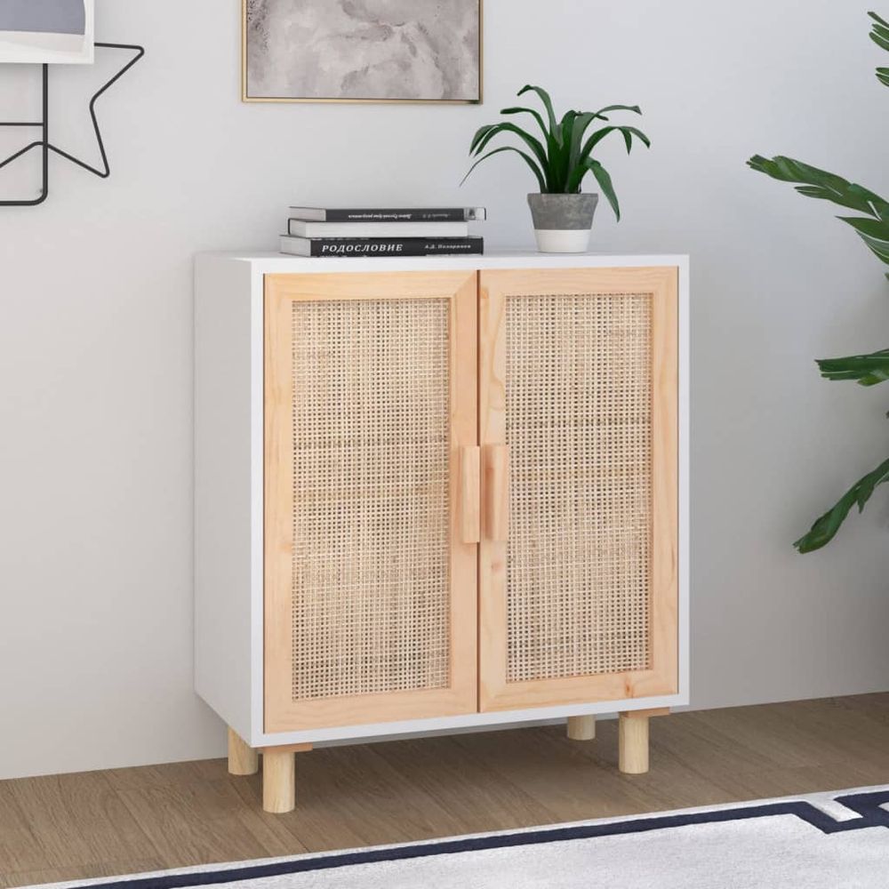 Sideboard White 60x30x70 cm Solid Wood Pine and Natural Rattan - anydaydirect