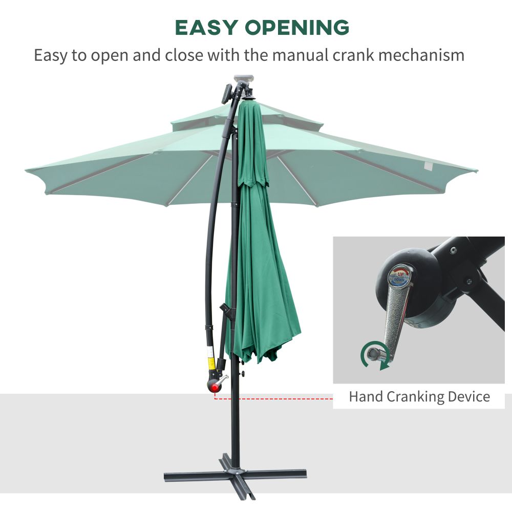 3m Cantilever Banana Parasol Double Roof, LED Solar Crank Green - anydaydirect