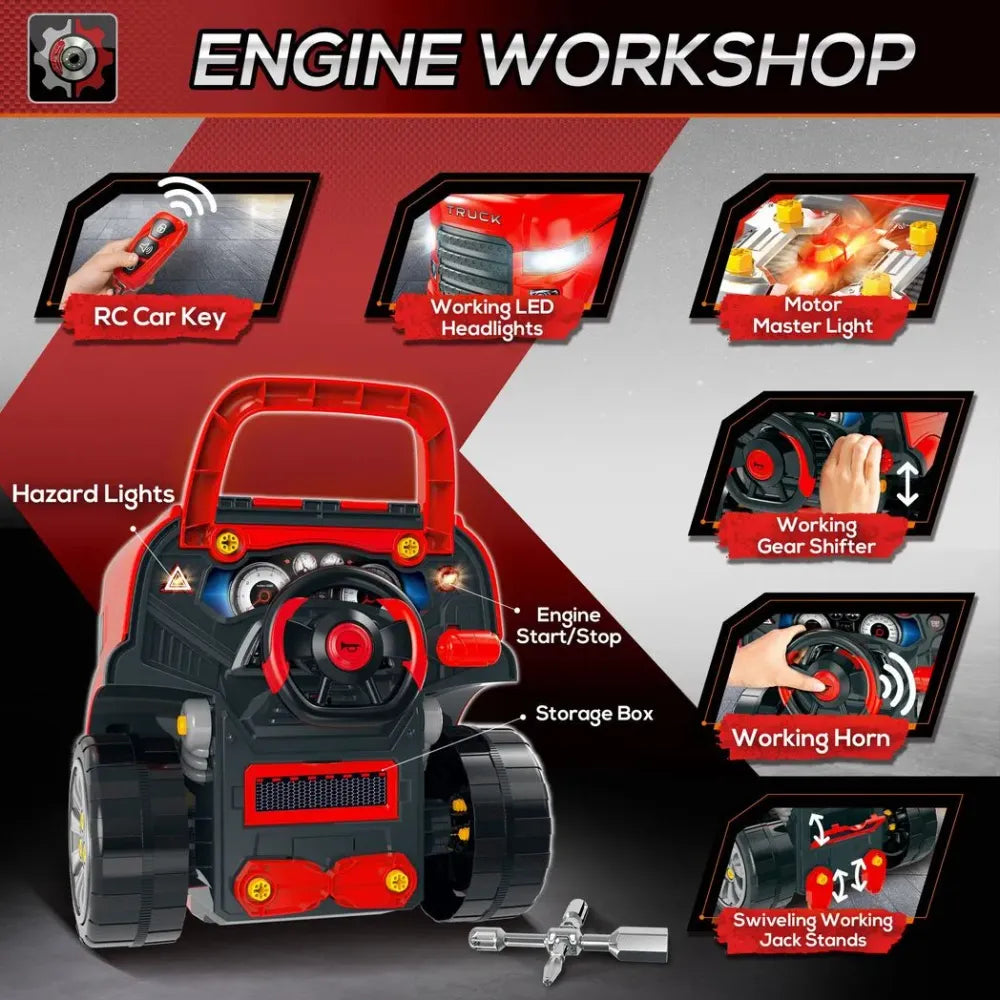 Kids Truck Engine Toy Set w/ Horn, Light, Car Key for 3-5 Years Old Red - anydaydirect