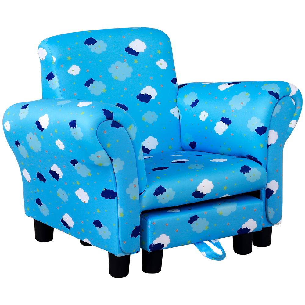 Cute Cloud Star Child Armchair Seat Wood Frame w/ Footrest Padding Blue - anydaydirect