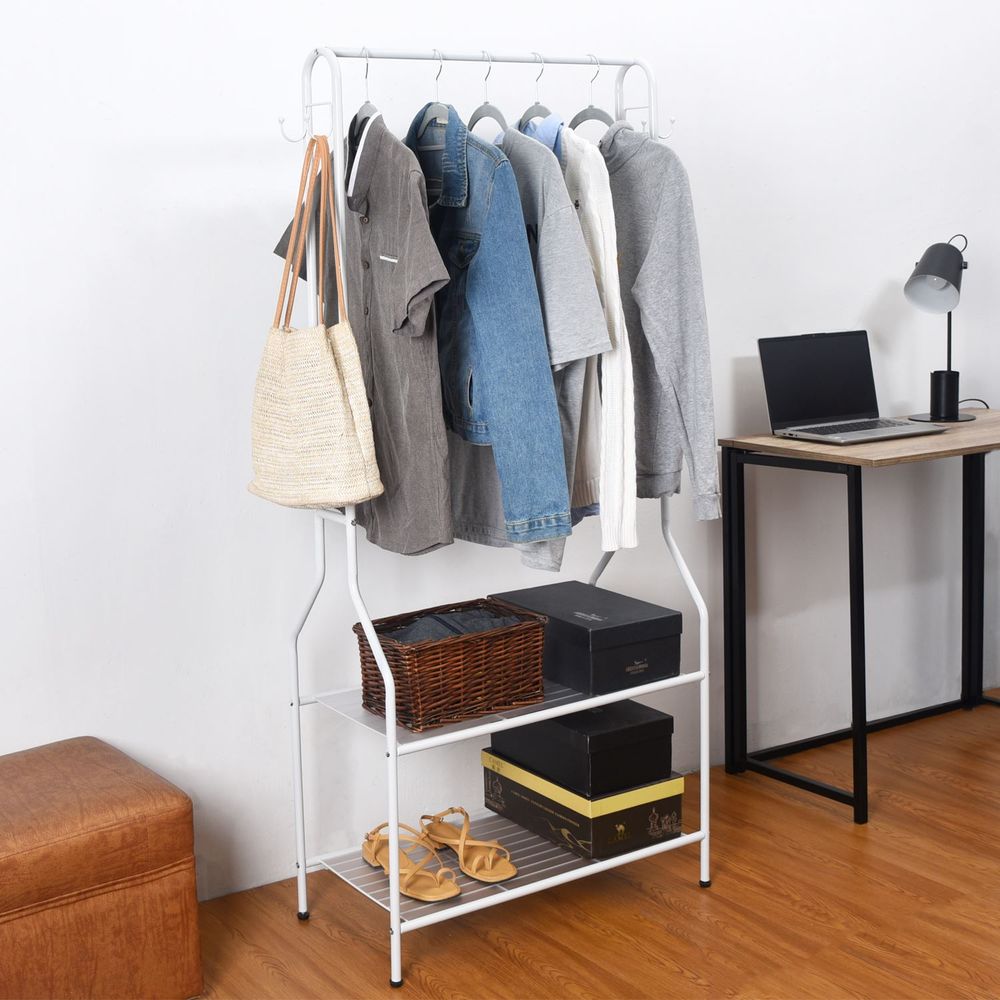 Clothes Rail With Two Shelves in White Powder Coating - anydaydirect