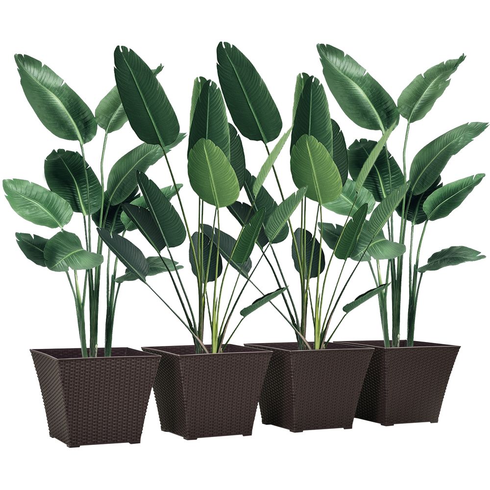 Outsunny 4-pack Plant Pots Rattan Effect, Flower Pot Stackable, Indoor/ Outdoor - anydaydirect
