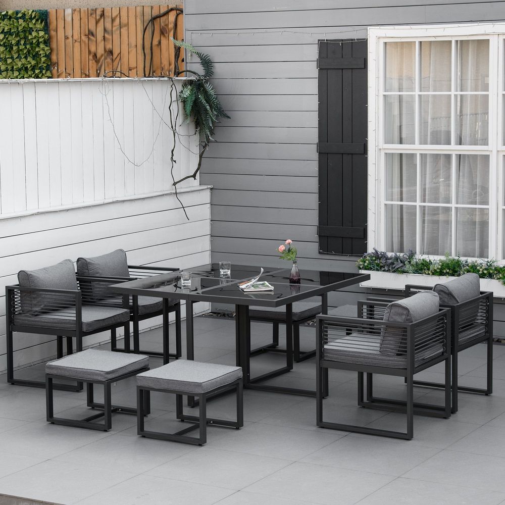 8 Seater Dining Set With Dining Table, 4 Chairs & 4 Footstools & Cushion, Grey - anydaydirect