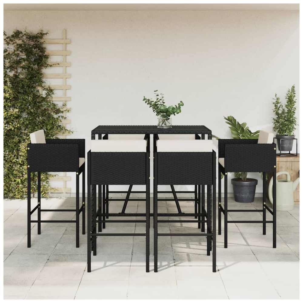 vidaXL 7 Piece Garden Bar Set with Cushions Black Poly Rattan - anydaydirect
