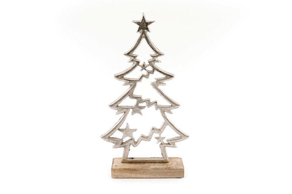 Silver Christmas Tree & Stars On Wooden Base - anydaydirect