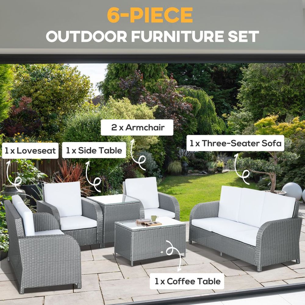 Outsunny 6 Piece Rattan Garden Furniture Set with Sofa, Glass Table, Grey - anydaydirect