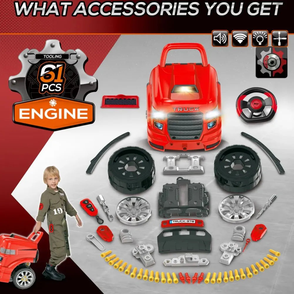 Kids Truck Engine Toy Set w/ Horn, Light, Car Key for 3-5 Years Old Red - anydaydirect