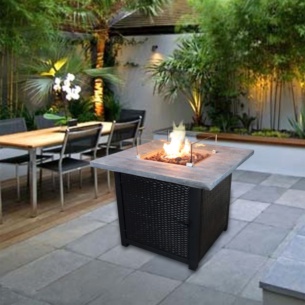 Outdoor Garden Gas Fire Pit Table Heater, Glass, Lava Rocks & Cover - anydaydirect