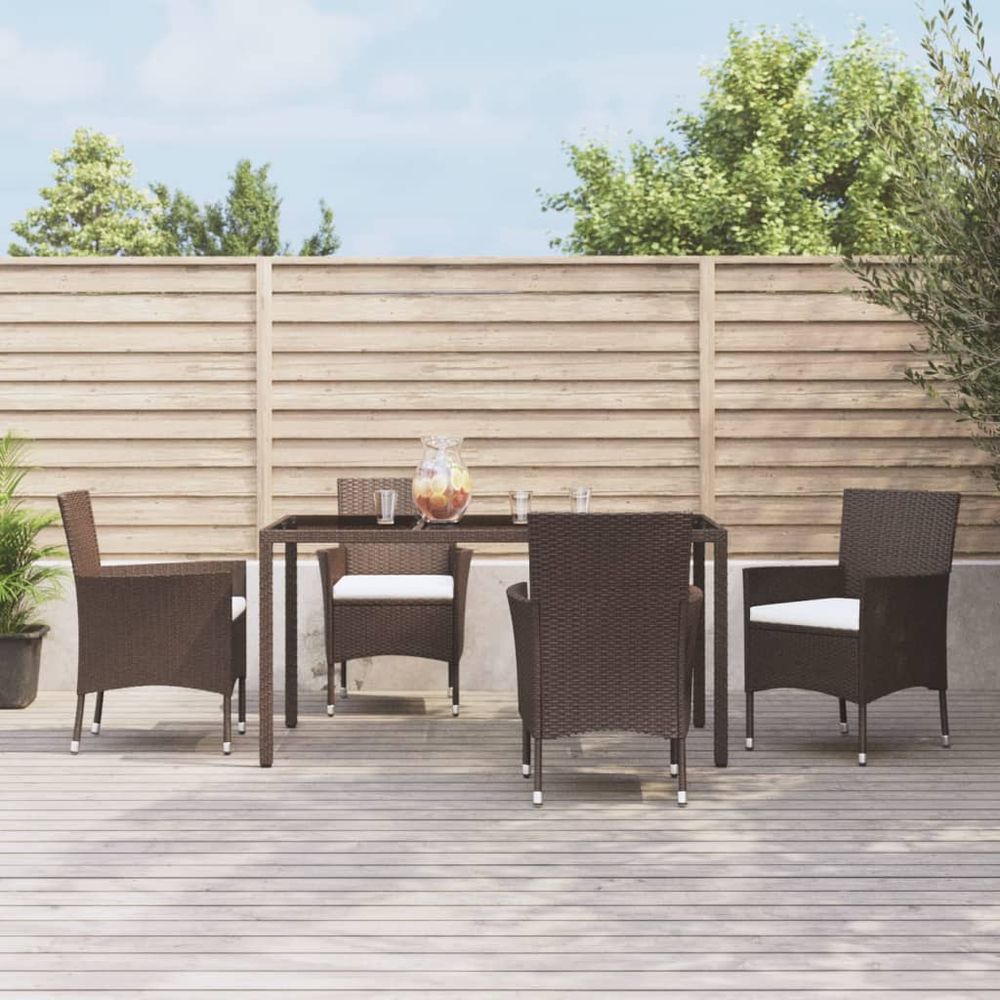 vidaXL 5 Piece Garden Dining Set with Cushions Brown Poly Rattan - anydaydirect