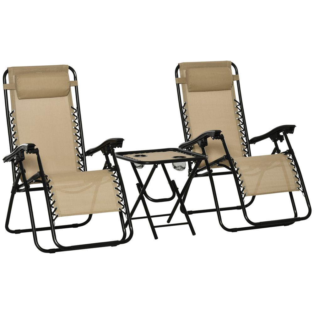 3PC Zero Gravity Chairs Sun Lounger Table Set w/ Cup Holders, Beige Outsunny - anydaydirect