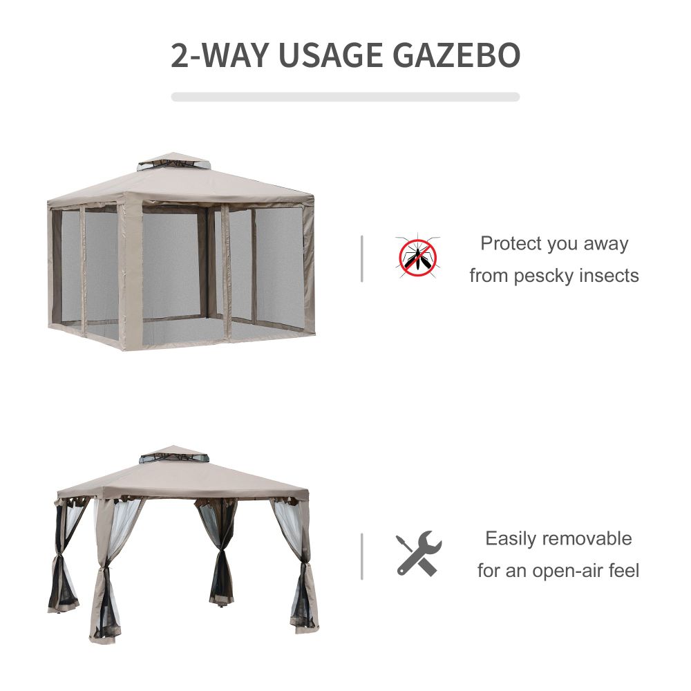 Outsunny Outdoor Gazebo, 2-tier Roof W/Netting, 295L x 295W x 263Hcm-Taupe - anydaydirect