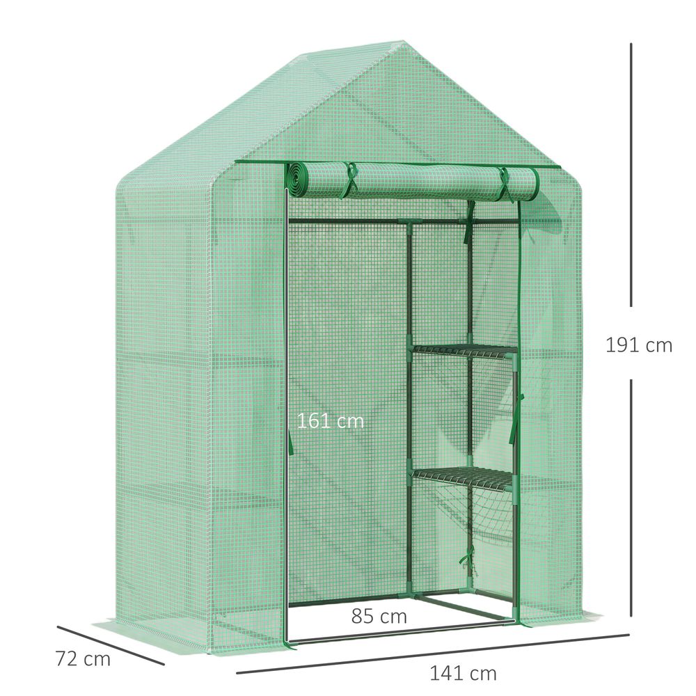 WalkIn Greenhouse 2 Tier Shelf, Roll-Up Door, PE Cover, 141x72x191cm, Green - anydaydirect