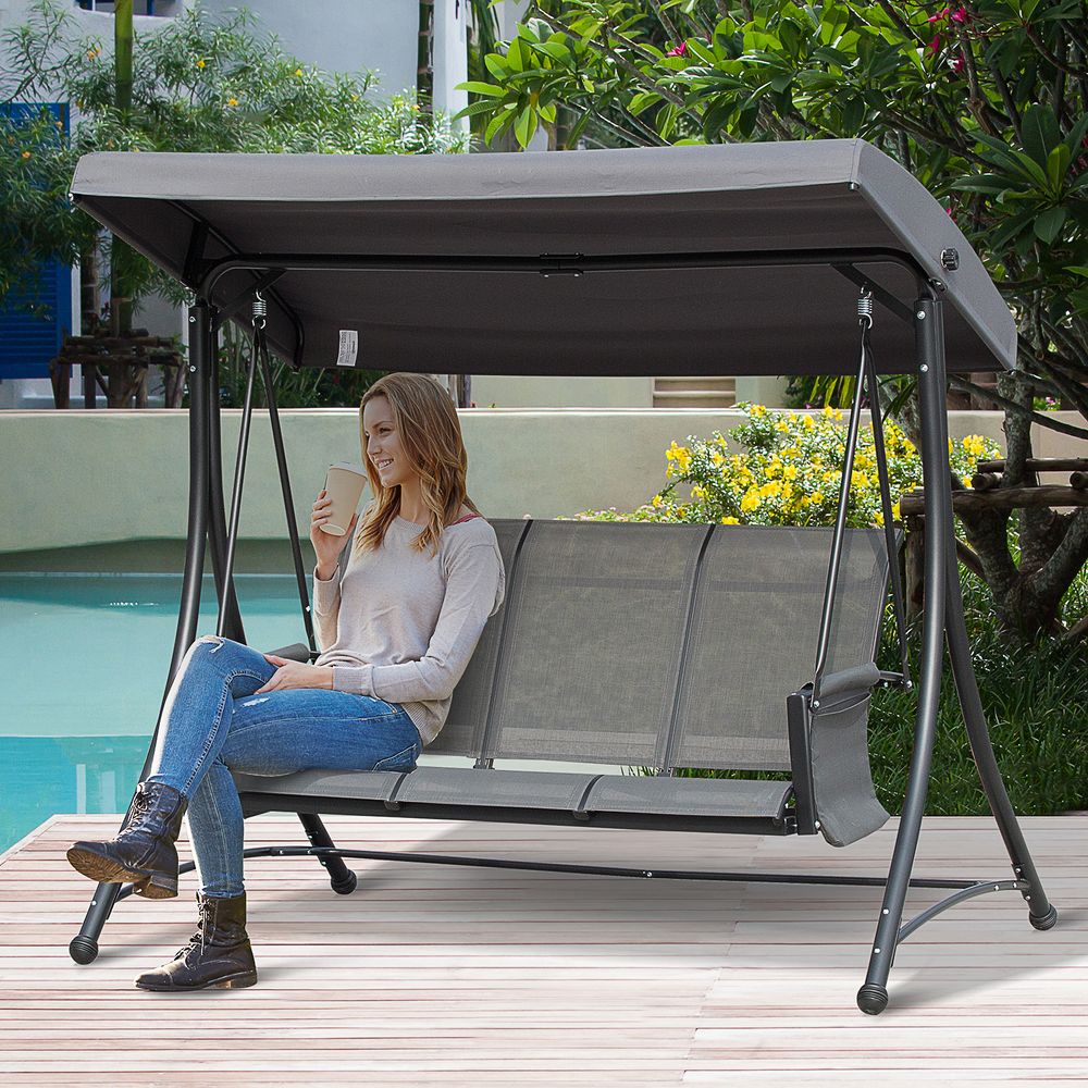 3 Seat Metal Fabric Backyard Patio Swing Chair with Canopy Top Outsunny - anydaydirect