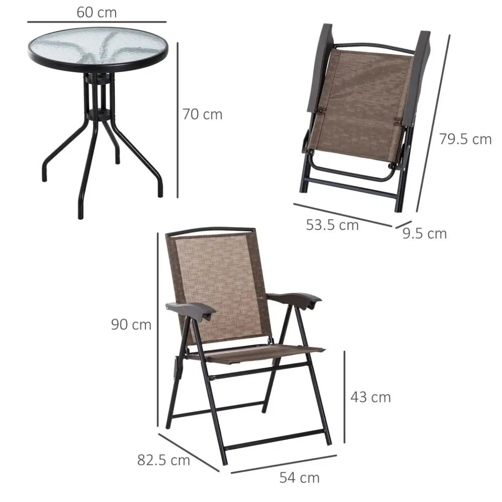 3 PCS Patio Furniture Bistro Set with Folding Chairs Tempered Glass Table Brown - anydaydirect