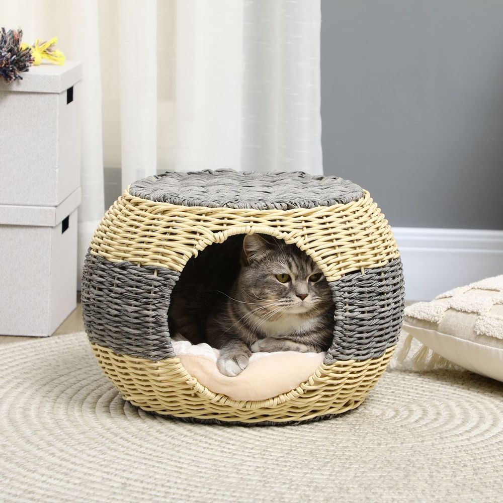 PawHut Wicker Cat House, Rattan Raised Cat Bed w/ Soft Cushion, 40 x 30cm - anydaydirect