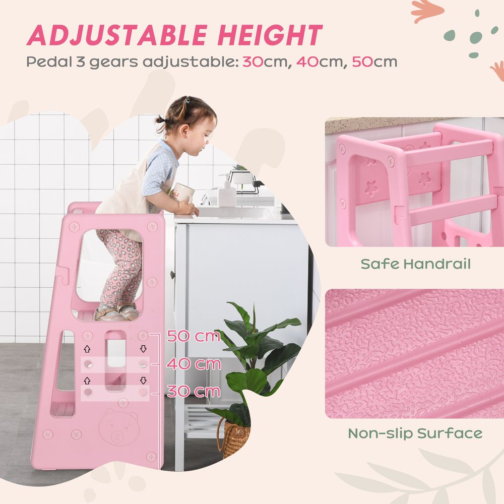 Kids Step Stool, Adjustable Standing Platform, Toddler Kitchen Stool - Pink - anydaydirect