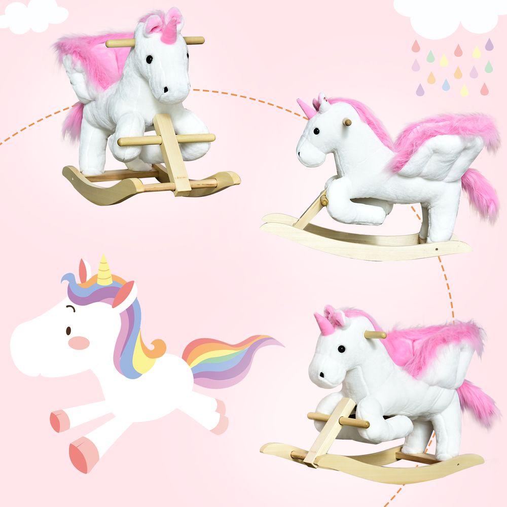 Kids Wooden Ride On Unicorn Rocking Horse Plush Toy Soft Seat Pink HOMCOM - anydaydirect