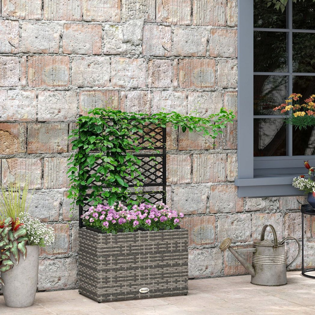 Outsunny Garden PE Rattan Planter Box with Trellis Flower Raised Bed 57x30x107cm - anydaydirect