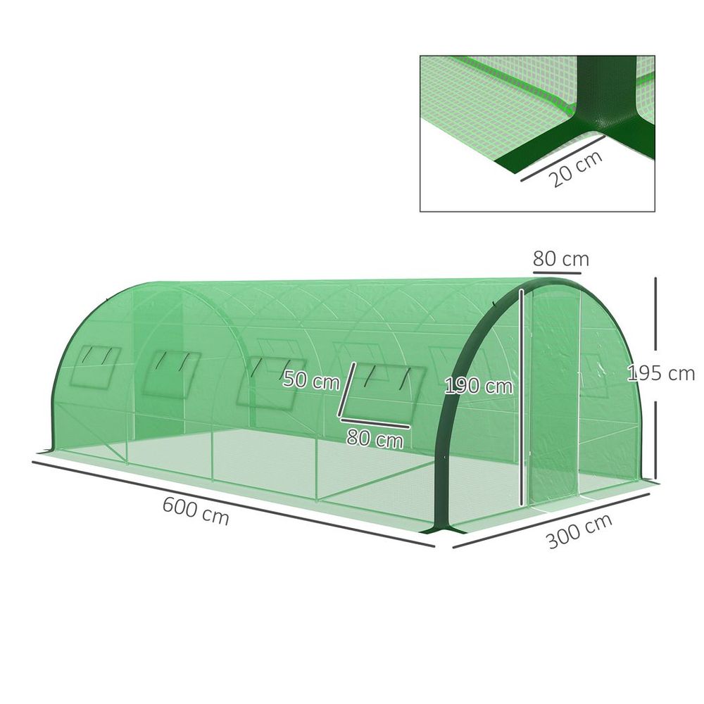 Outsunny Tunnel Greenhouse, Upgraded Structure, Hinged Doors, 6 x 3(m), Green - anydaydirect