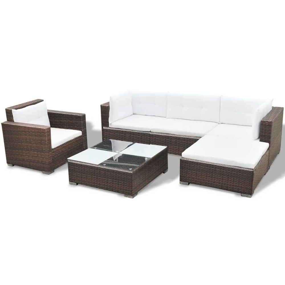 6 Piece Garden Lounge Set with Cushions Poly Rattan Brown - anydaydirect