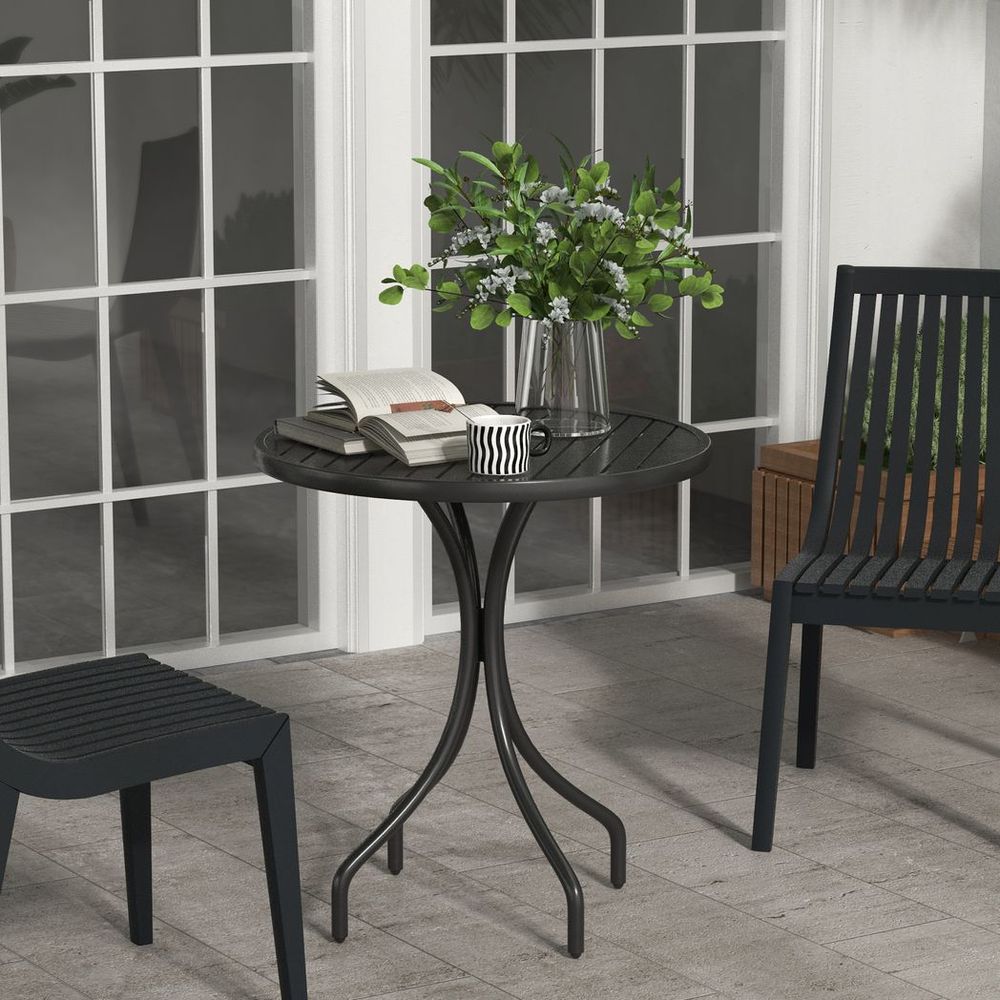 Outsunny Round Garden Table Outdoor Side Table with Steel Frame Slat Top Black - anydaydirect